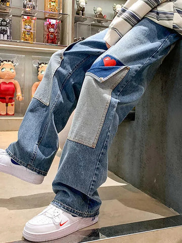 Riolio Men's Jeans Collage Multi Pocket Couple Jeans Beggar Style Cargo Pants High Street Casual Men's Street Clothes Plus Size